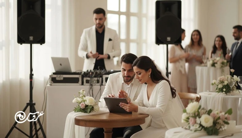 عروس و داماد در سالن عروسی کنار یک میز گرد نشسته‌اند و در حال بررسی تبلت هستند؛ دی‌جی و تجهیزات صوتی با دو اسپیکر در پس‌زمینه دیده می‌شود.