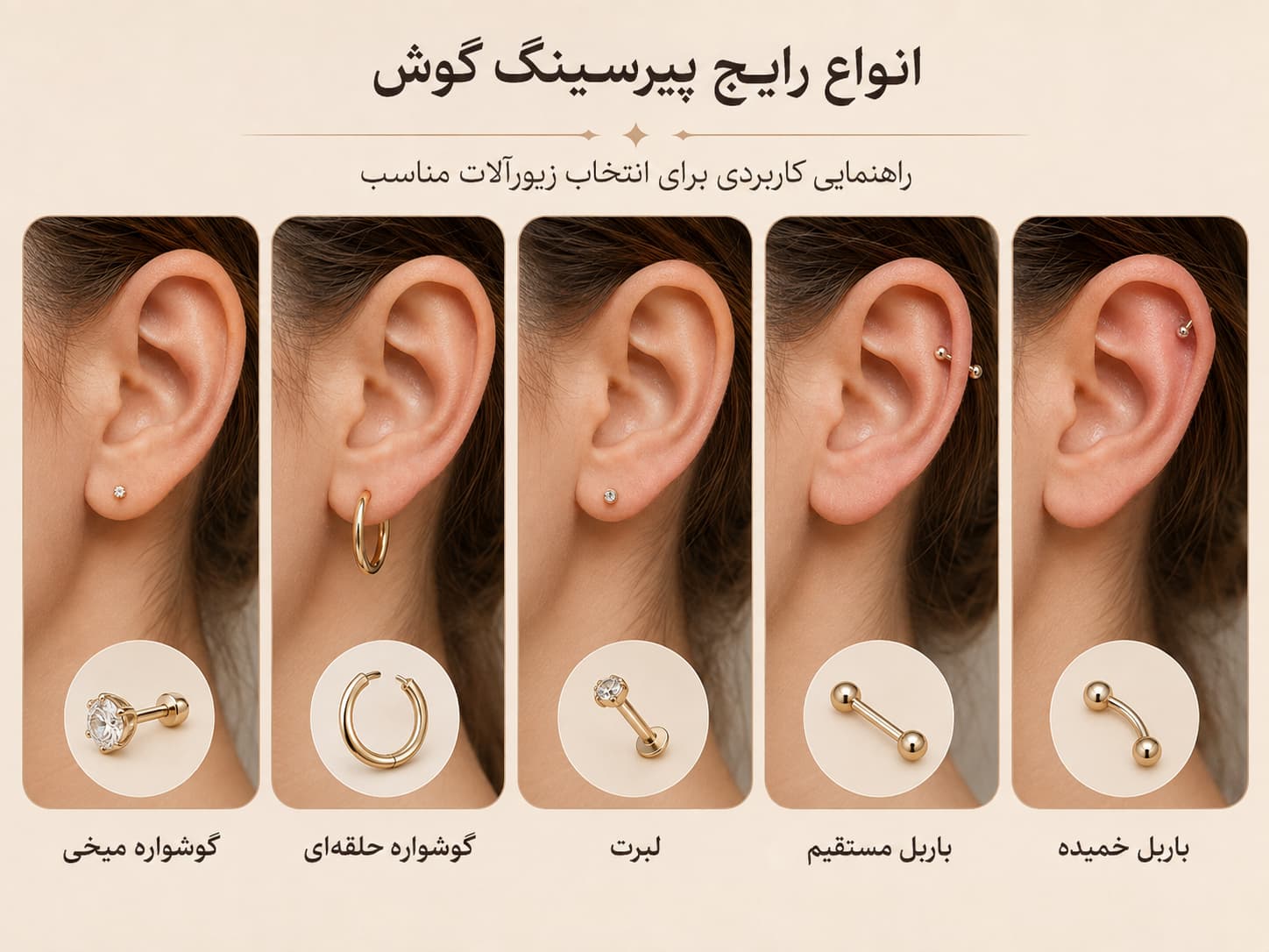 انواع زیور پیرسینگ گوش شامل گوشواره میخی، حلقهای، لبرت و باربل