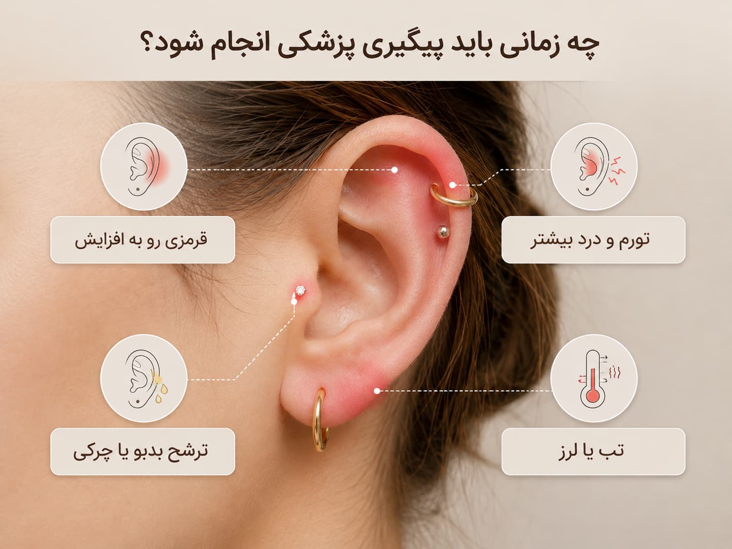 علائم هشدار عفونت پیرسینگ گوش شامل قرمزی، تورم، درد و ترشح چرکی
